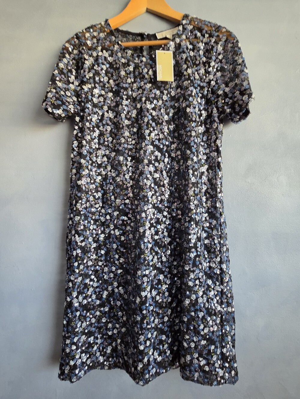 MICHAEL MICHAEL KORS SHORT SLEEVE SEQUINS BLUE, SILVER, GREEN DRESS, SIZE L
